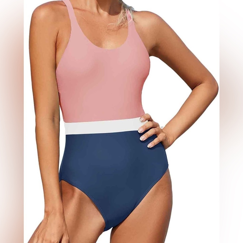 One Piece Racerback Tummy Control Bathing Suit Color Block NWOT
